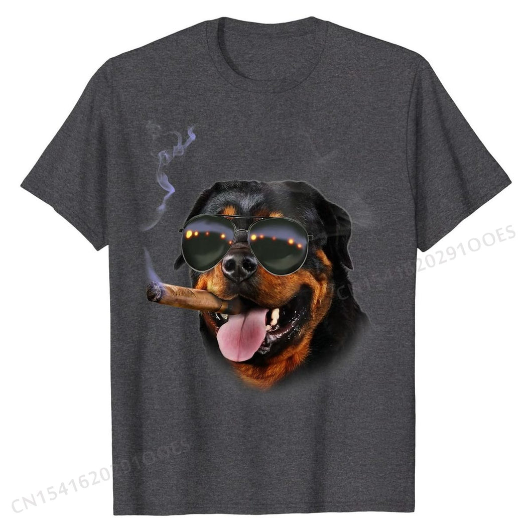 T-Shirt, Rottweiler with Cigar Wearing Aviator Sunglass, Dog Casual T Shirts for Men Cotton Tops Shirt Summer Discount