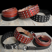 Load image into Gallery viewer, Cool Studded Genuine Leather Pet Dog Collars Leash Set For Medium Large Dog Pitbull  Boxer Bulldog S M L  Black Brown