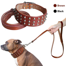 Load image into Gallery viewer, Cool Studded Genuine Leather Pet Dog Collars Leash Set For Medium Large Dog Pitbull  Boxer Bulldog S M L  Black Brown