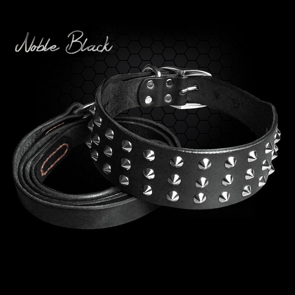 Cool Studded Genuine Leather Pet Dog Collars Leash Set For Medium Large Dog Pitbull  Boxer Bulldog S M L  Black Brown