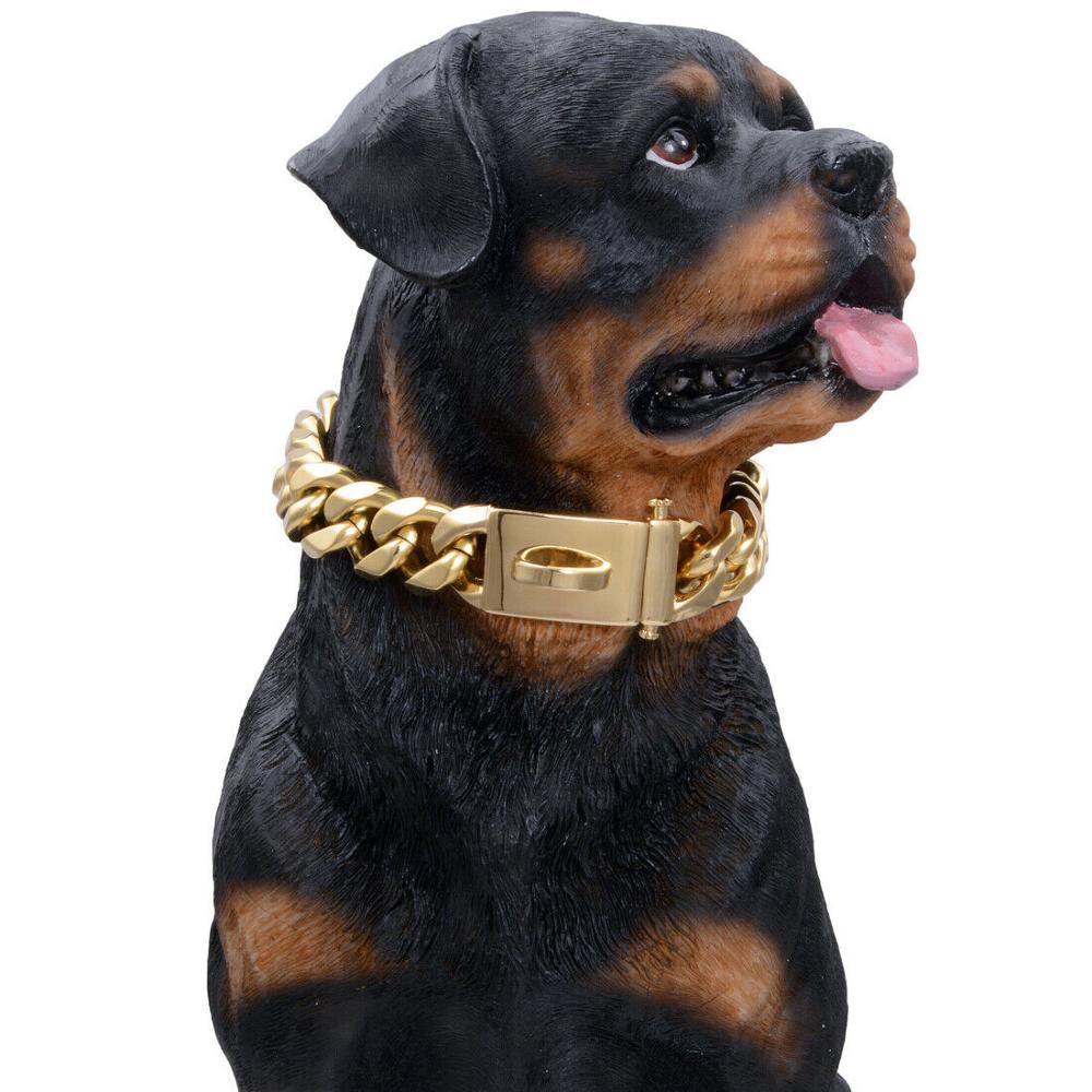 19mm Gold Collar Necklace for Pet Dog Stong Stainless Steel Metal Links Slip Chain Training Collar for Big Breeds-Rottweiler